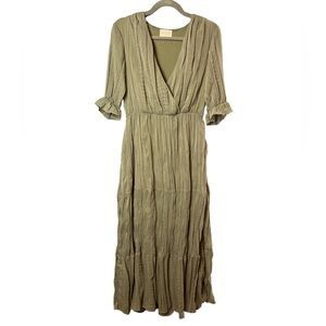 Olive Green Maxi Dress with V-Neck and Ruffle Sleeves